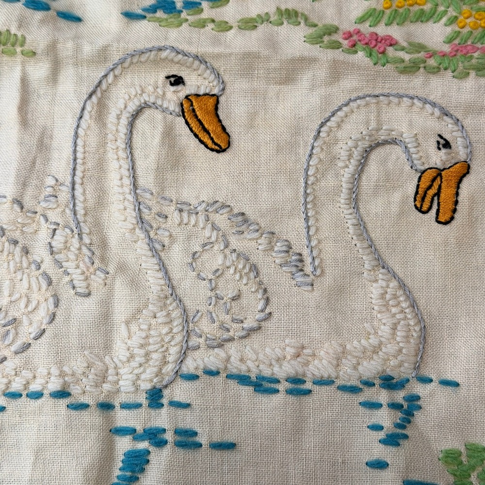 Vintage Hand Embroidered Swan Pond Garden Scene Textile Art Panel Grannycore - Picture 6 of 9